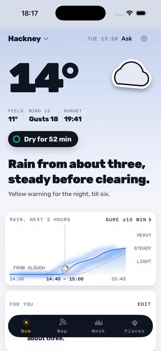Honest Weather app in Hackney showing 14 degrees, dry for 52 minutes, rain from about three and a rain forecast with uncertainty of ten minutes.